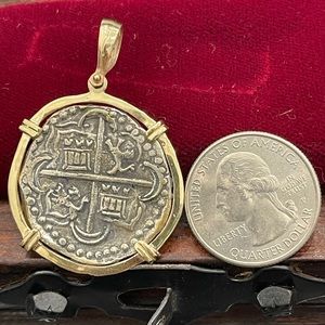 Atocha shipwreck treasure Mel fisher silver coin pendant in 14k solid gold bezel